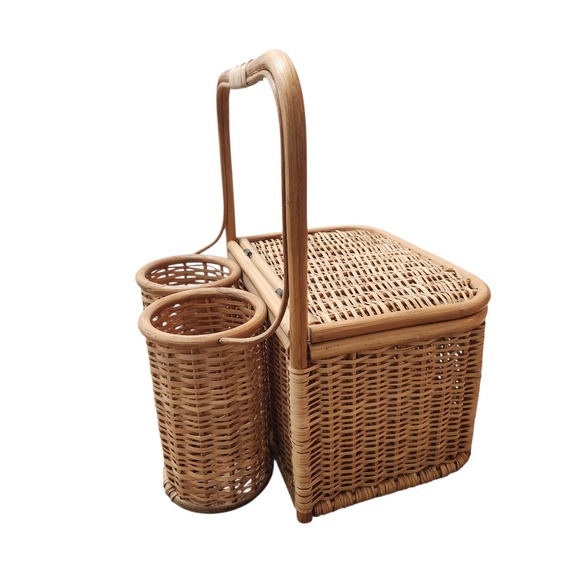 Other - Vintage Large 2 Wine Bottle  Holder Rattan Bamboo Hinge Wicker Picnic Basket